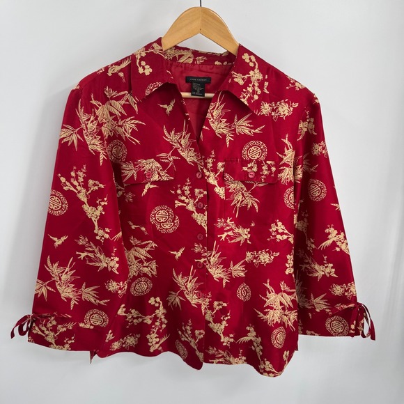 Anne Carson Tops - Vtg Anne Carson Silk Blouse Womens M Red Gold Asian Inspired 3/4 Sleeve Tie Cuff